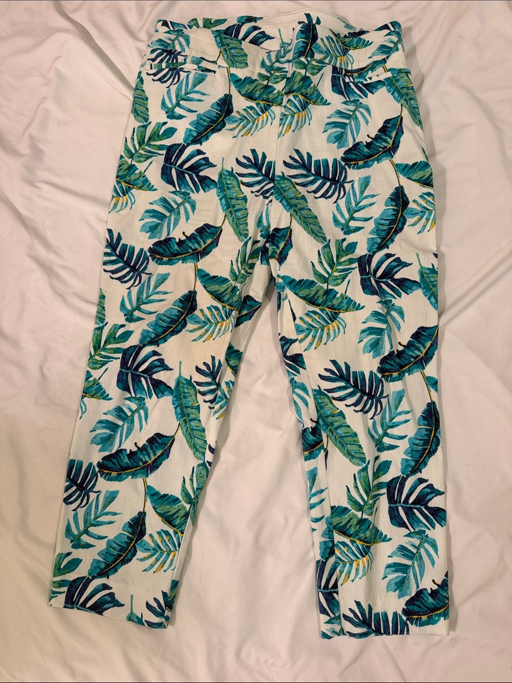 Chico's Women's Tropical Leaf Ankle Pants - White, Blue & Green